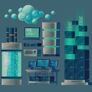 Vector cartoon set of equipment and devices for data processing and storage, database, cloud services, network connection, hosting. Modern computer technologies concept illustration